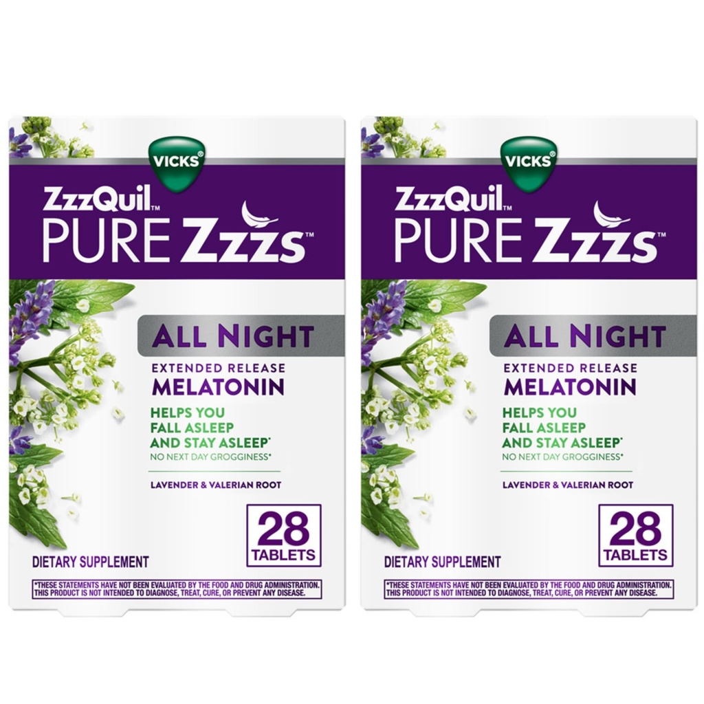 ZzzQuil Pure Zzzs All Night Extended Release, Melatonin Sleep Aid Tablets, Helps You Stay Asleep Longer, Sleep Aid for Adults, 2 mg por Tablet, 56 Total Tablets (2 Packs of 28)