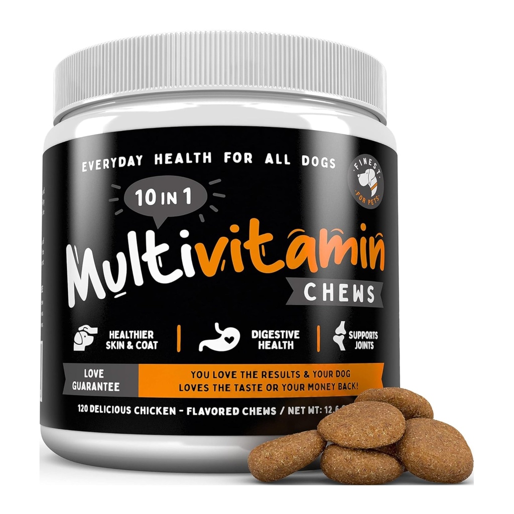 Finest For Pets Multivitamin Dog Supplement – 10 in 1 with Omega Fish Oil " Glucosamine for Improved Joint " Skin Support, Gut, Digestion " Immune Everyday Health (120 Chewable Treats)