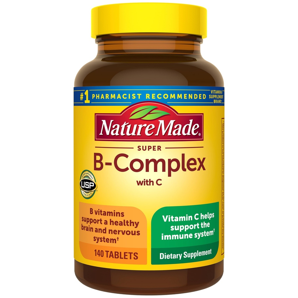 Complejo Super B con vitamina C &amp; ácido fólico, vitaminas complejas B para mujeres y hombres, suplemento dietético para soporte inmunitario, 140 tabletas, 140 fuente de día