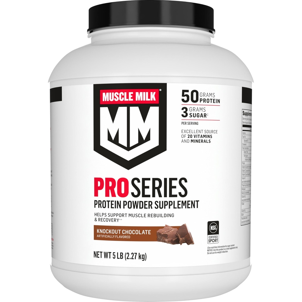 Muscle Milk Pro Series Protein Powder Suplemento, Knockout Chocolate, 5 libras, 28 piezas, 50g Proteína, 3g Azúcar, 20 vitaminas &amp; minerales, NSF certificado para el deporte, recuperación del entrenamiento