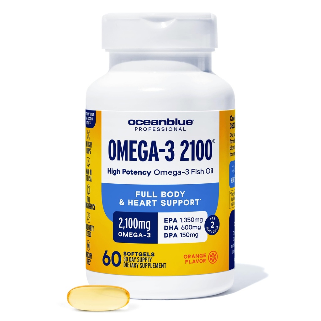 Oceanblue Professional Omega-3 2100-60 Count - High-Potency Triple Strength Burpless Fish Oil Suplemento con EPA, DHA &amp; DPA - Orange Flavor, 30 Servings
