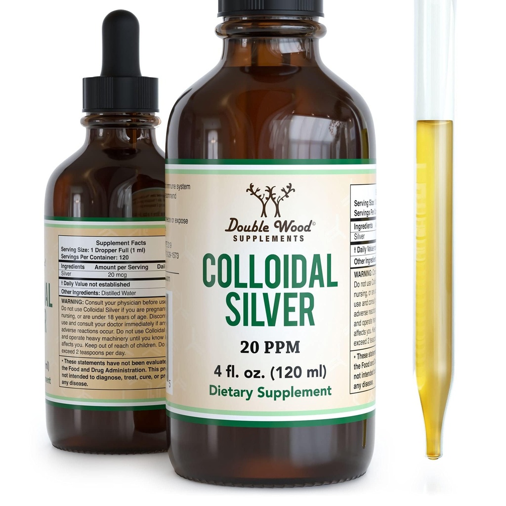 Colloidal Plata Líquido 20 PPM - 4 Fl OZ (Plata Coloidal con gotero) 99,9% Puro, Gluten Gratis, No GMO por Suplementos de madera doble