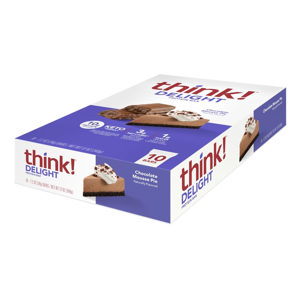 ¡Piensa! Deleite, Keto Protein Bares, Healthy Low Carb, Gluten Free Snack - Chocolate Mousse Pie, 10 Cuenta (Paquete Mayo Vary)