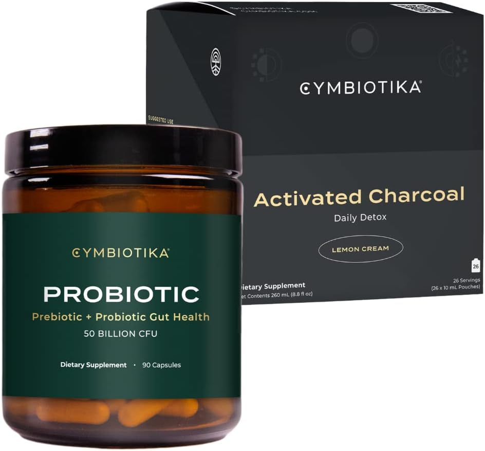 CYMBIOTIKA Probiotic 50 Billion CFU " Activeted Charcoal Liquid Supplement, Supports Healthy Digestion for Men " Women, Stomach Detox " Digestive Relief, Helps Alleviate Gas " Bloating, Easy to Use