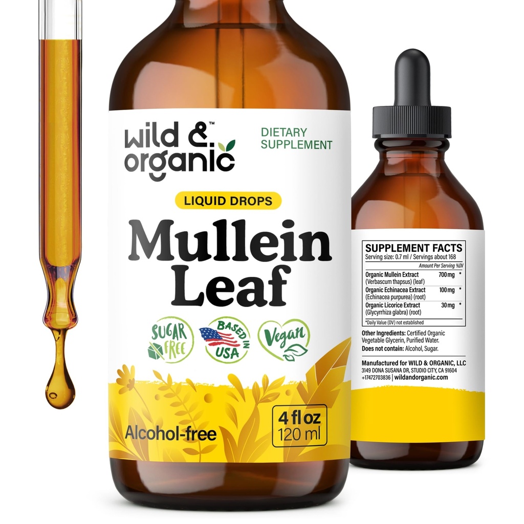 Wild &amp; Organic Mullein Tincture - Lung Cleanse and Detox - Liquid Mullein Leaf Extract for Lungs with Echinacea - Verbascum Thapsus Drops - Vegan, Sugar &amp; Alcohol-Free Supplement - 4 fl oz