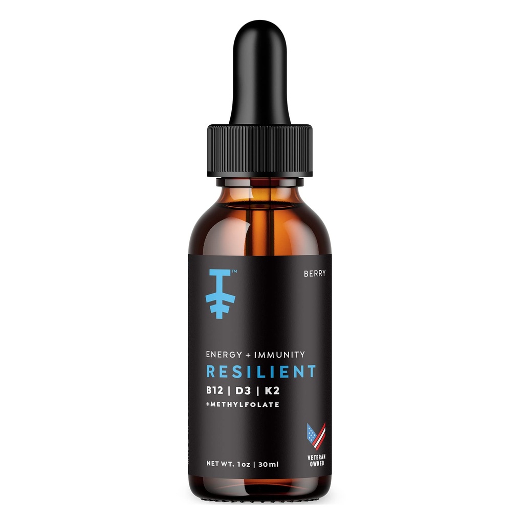PROTEKT Resilient Vitamina D3 K2 B12 gotas - Líquido B12 K2 D3 Suplemento de vitamina con metalfolato, gotas líquidos para la recuperación de energía, Methy Folate para el sueño &amp; Mood - Natural Berry 30mL