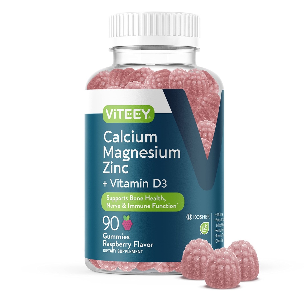 Viteey Calcium Magnesium Zinc Gummies with Vitamin D3 - Supports Bone Health, Nerve & Immune Function - Calcium Magnesium Zinc D3 for Adults &amp; Teens - GMO Gratis - Chewable Raspberry Flavored Gummy