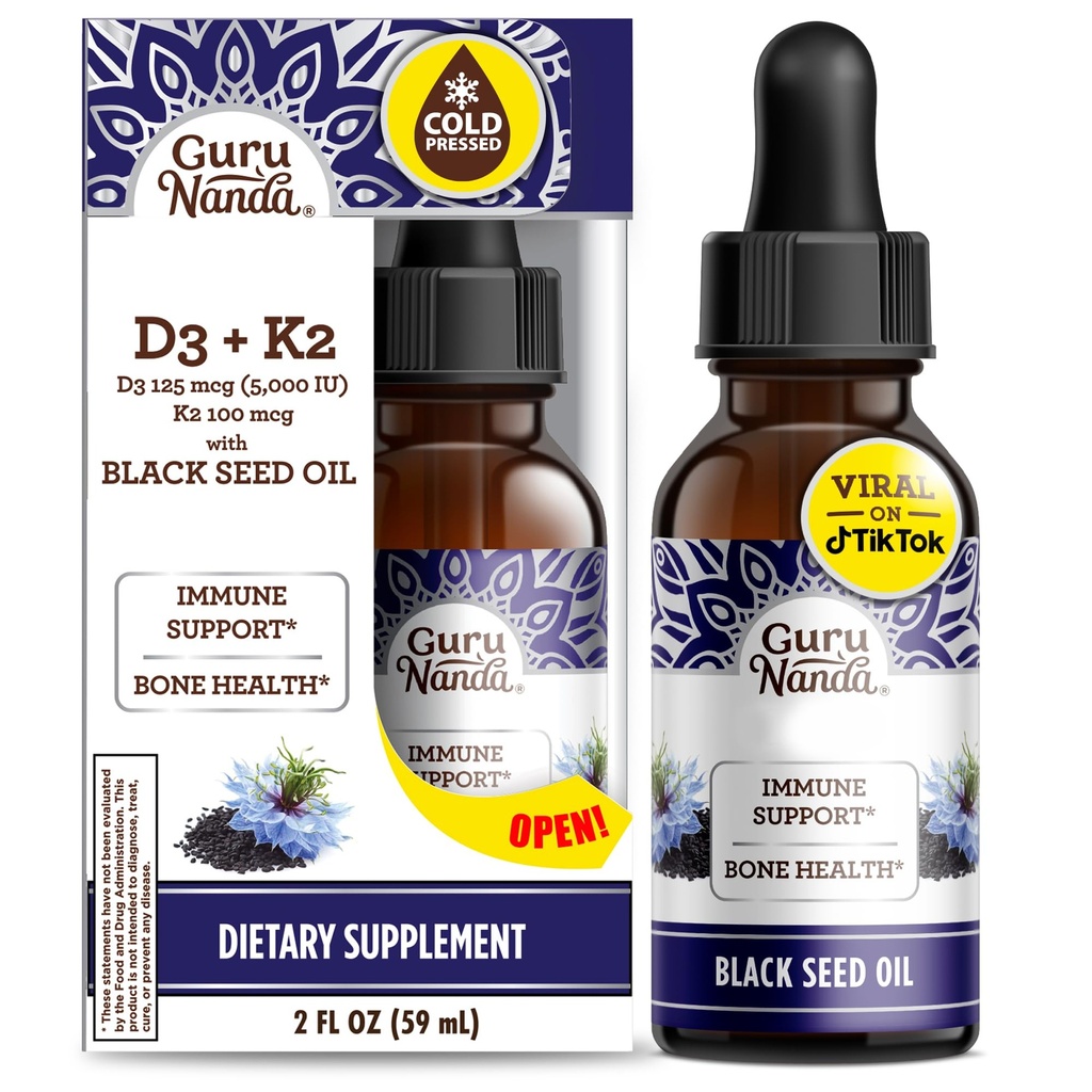 GuruNanda Black Seed Oil, Cold-Presed Nigella Sativa - Rich in Vitamin D3 5000 Units, K2 &amp; E, High Thymoquinone ← Potent Antioxidant for Immune Support, Non-GMO, 2 Fl.oz