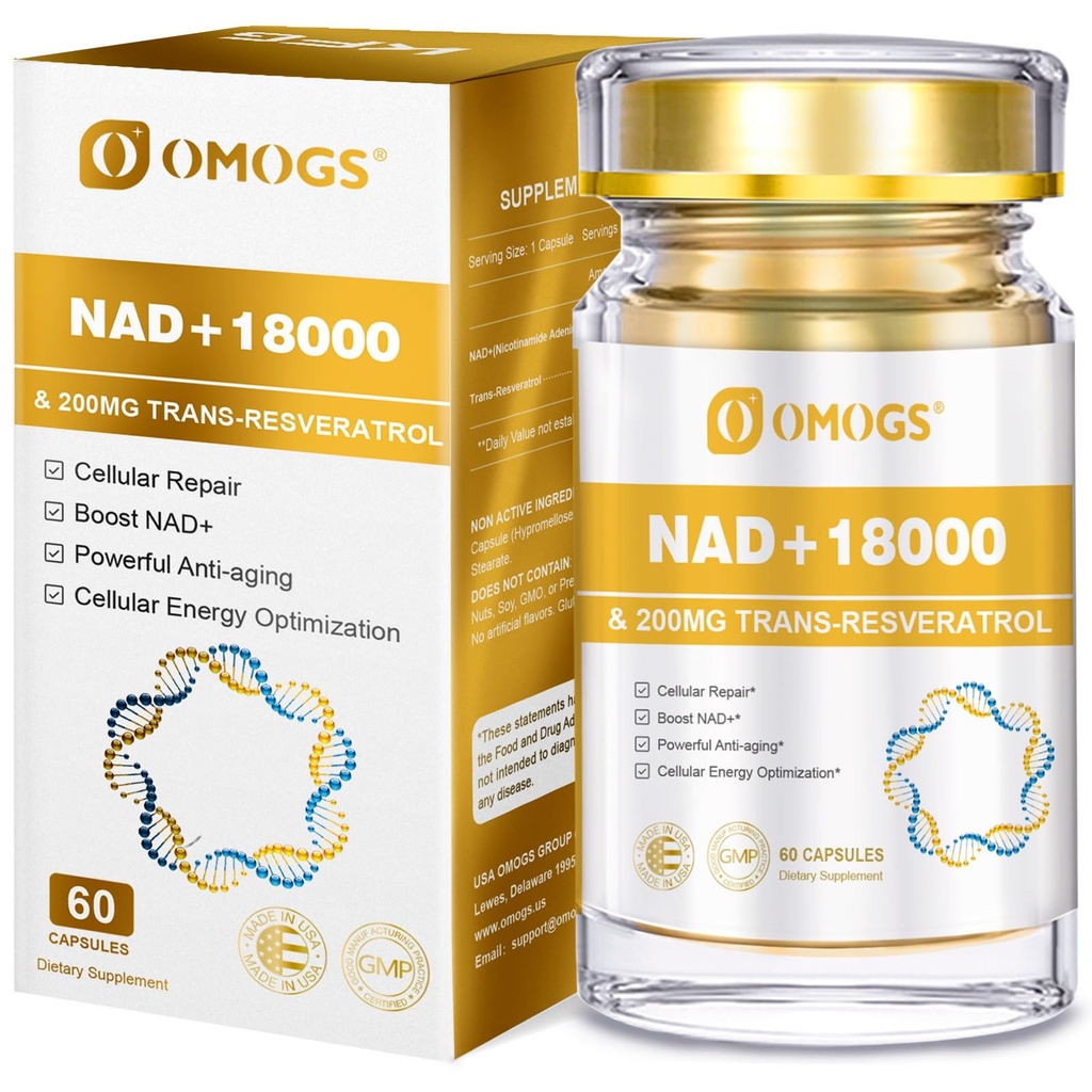 OMOGS NAD+ 300 mg + Trans-Resveratrol 200 mg, Suplemento NAD puro, Max Absorption, Suplemento de bosificación para la reparación de ADN, envejecimiento saludable, energía celular y longevidad, 60 cápsulas