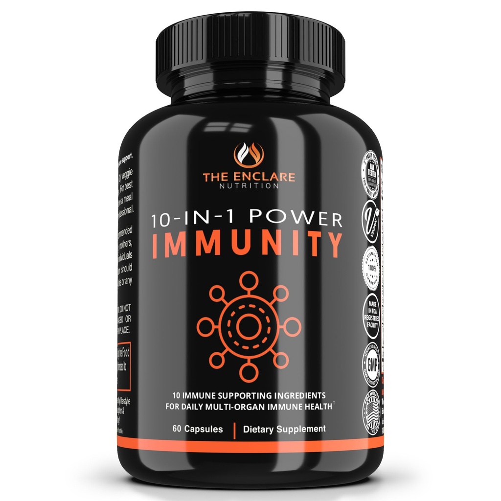 THE ENCLARE NUTRITION 10 in 1 Immune Support Booster Supplement with Echinacea, Vitamina C and Zinc, Turmeric, Ginger, B6, Elderberry for Adults Immunity Defense Vitamins, Made in USA Veg Cap 60 Ct (1)
