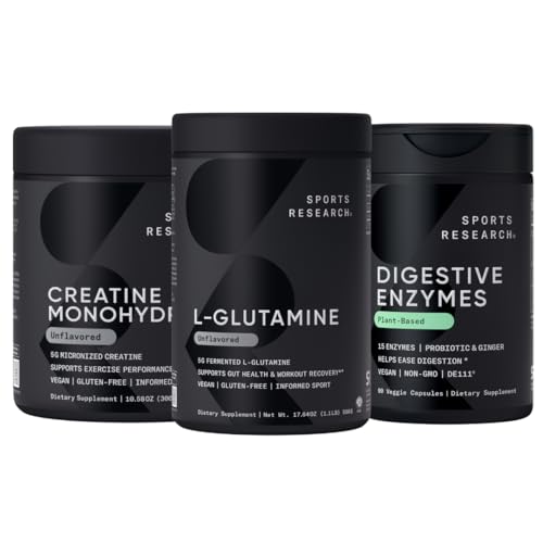 Sports Research L-Glutamine (100 Servings), Creatine Monohydrate (60 Servings) y Digestive Enzymes with Probiotics & Ginger (90 Servings) - All Non-GMO Verified, Vegan & Gluten Free
