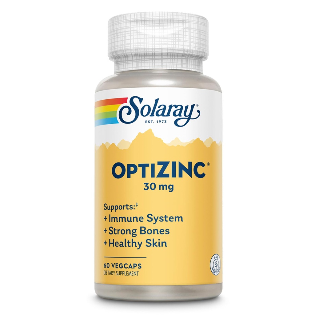 SOLARAY OptiZinc 30mg Apoyo Inmunitario Suplemento - Suplementos de zinc para hombres y mujeres w/Vitamin B6 - Huesos fuertes y soporte de salud de la piel - alta absorción - garantía de 60 días, 60 servicios, 60 VegCaps