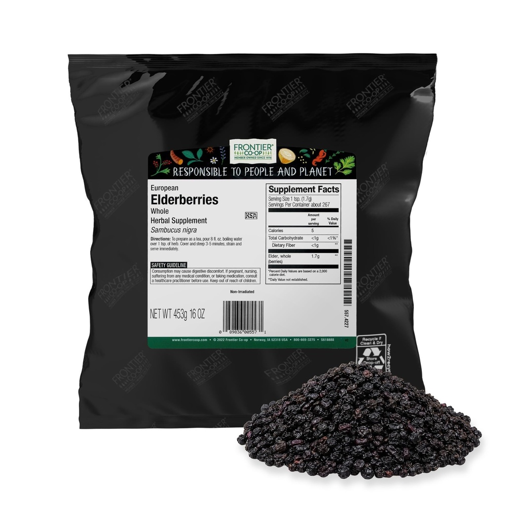 Frontier Co-op Dried Elderberries, 2lb Bulk Bag, Whole Berries - Kosher y Fruta Seca No GMO para Polvo de Elderberry, Té y Syrup