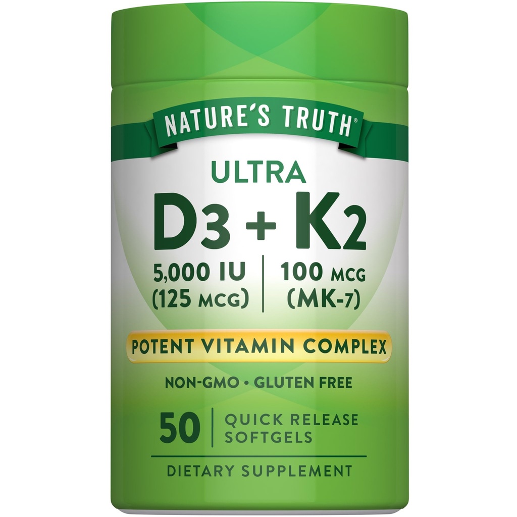 Verdad de la naturaleza Vitamina K2 MK7 Complejo TENIDO 100 mcg TEN 50 Softgels Silencio con D3 TENIDO No-GMO &amp; Gluten Suplemento Libre