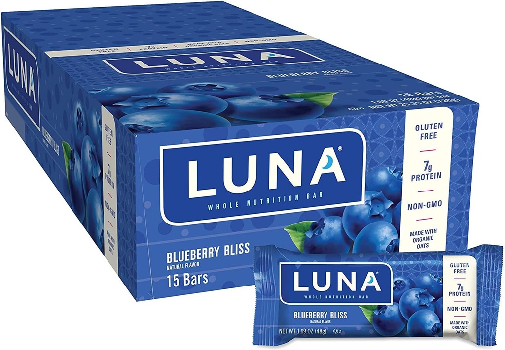 LUNA BAR - Barras de Snack Gratuitas - Blueberry Bliss Flavor - 7g de proteínas - No GMO - Snacking integral de base vegetal - Sobre las Snacks Go (1.69 Unce Snack Bars, 15 Conde)