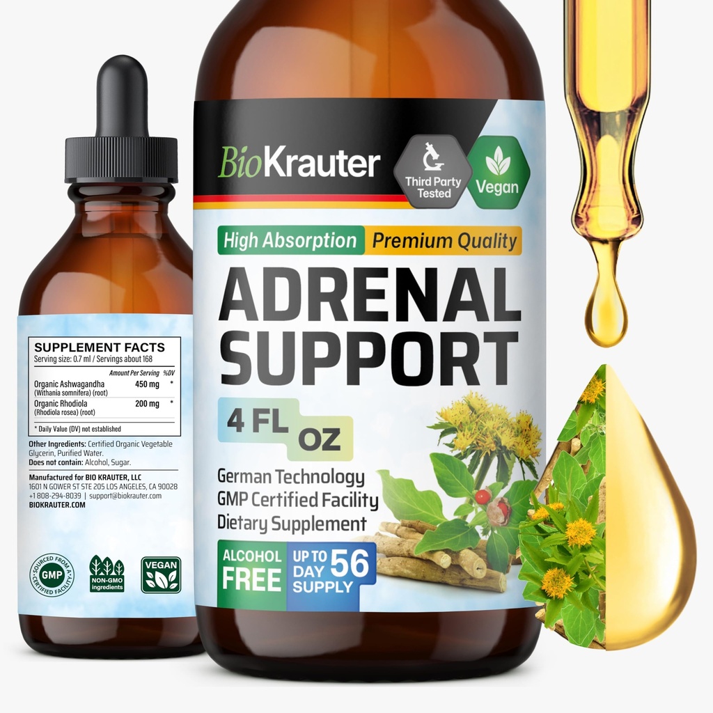 BIO KRAUTER Adrenal Support Tincture - Rhodiola & Ashwagandha Suplementos - Vegan Mood Support Drops 4 Fl.Oz.