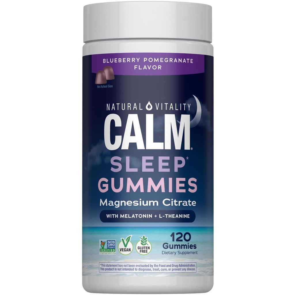 Natural Vitality SLEEP Gummies, Suplemento Magnesio Con Melatonina y L-Theanine, Vegan, Gluten Gratis, Ayuda al Cuerpo Ease Into Sleep, Blueberry Pomegranate 120 Conde