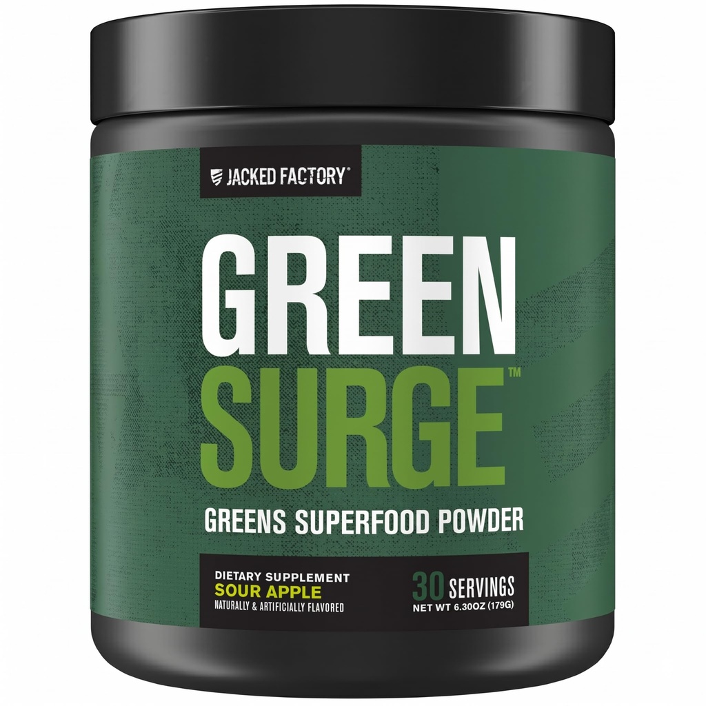 Jacked Factory Green Surge Green Superfood Powder- Keto Friendly Greens Drink w/Spirulina, Wheat & Barley Grass, Organic Green - Green Tea Extract, Probiotics & Digestive Enzymes - Sour Apple