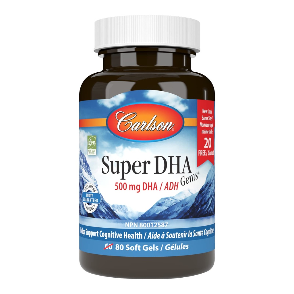 Carlson - Super DHA Gems, 500 mg DHA Suplementos, 640 mg Ácidos grasos, concentrado de aceite de pescado ártico noruego de caza silvestre, cápsulas de aceite de pescado nórdico de origen sostenible, 60+20 Softgels