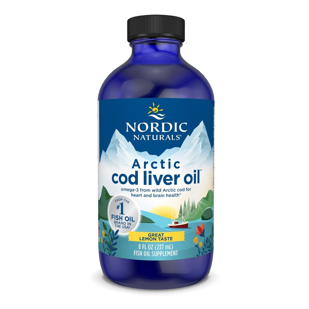 Naturales nórdicos Aceite de hígado de bacalao, limón - 8 oz - 1060 mg Total Omega-3 con EPA &amp; DHA - Corazón &amp; Salud cerebral, Inmunidad saludable, Bienestar general - No GMO - 48 Servimientos
