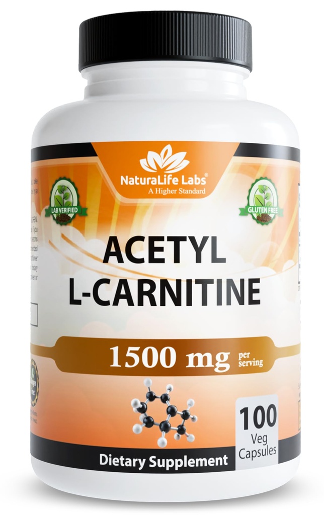 NaturaLife Labs Acetyl L-Carnitine (ALCAR) 1500 mg por Serving – 100 Capsules – No Gluten-Free, Vegan
