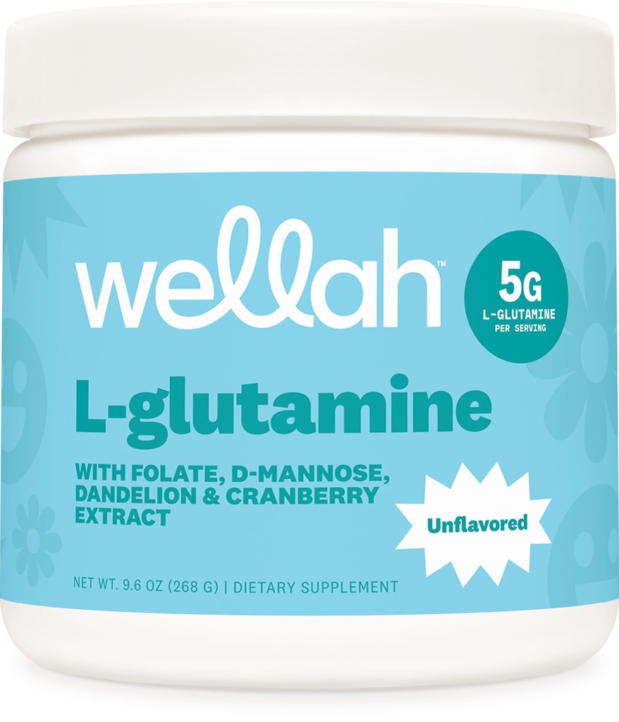 Wellah L-Glutamine Powder Unflavored (50 Servings) - 5g L-Glutamine Por Serving, Endulzado con Stevia
