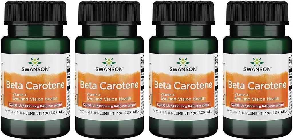 Swanson Beta-Caroteno (Vitamin A) Skin Eye Immune System Health Antioxidant Support 10000 Iu (3000 mcg) 100 Sgels (4 Pack)