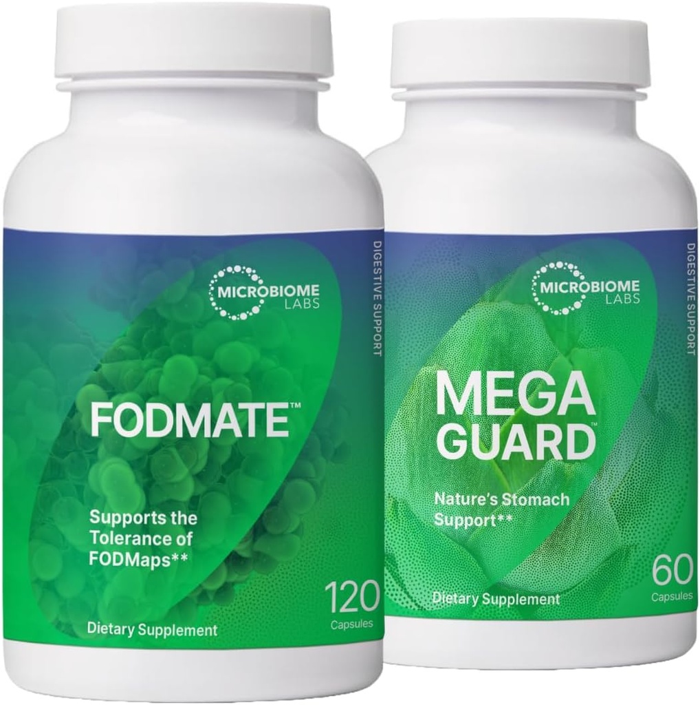 Microbioma Laboratorios de Digestión Soporte Bundle - FODMATE Digestive Enzymes & MegaGuard Digestive Aid with Ginger and DGL (2 Productos)
