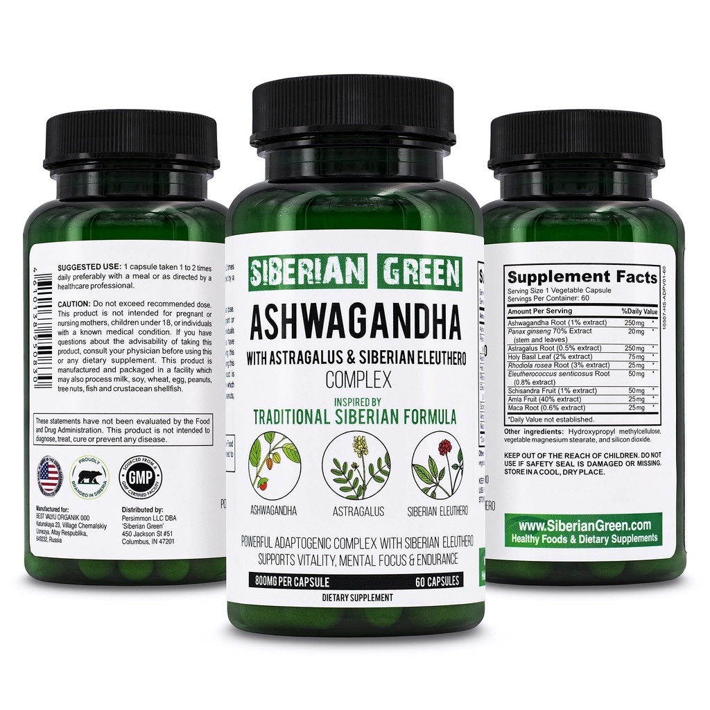 Siberian Green Organic Ashwagandha Root con Astragalus &amp; Siberian Eleuthero Ginseng Complex 60 cápsulas Powerful Herbal Support