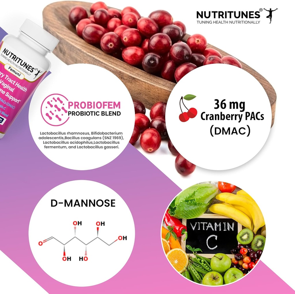 PAC de arándano con suplementos de manguera D para mujeres, vitamina C y mujeres Probiótico vaginal incluyendo lactobacillus y cepas de bifidobacterium para la salud del tracto urinario - 60 cápsulas Femuni UTH