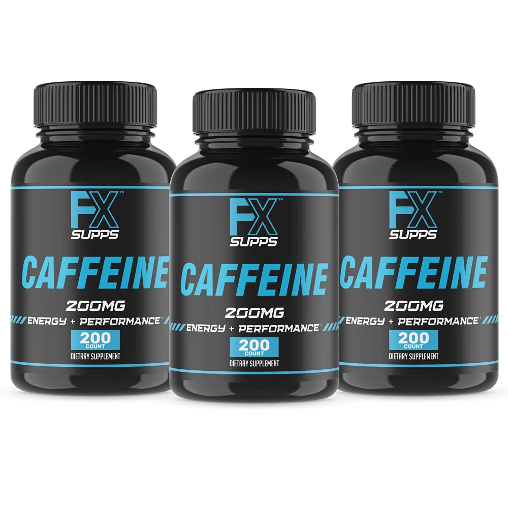 FXSUPPS Caffeine 200mg Pills (3-Pack, 600 Capsules) – Suplemento de Apoyo Energético de Acción rápida para Hombres y Mujeres ANTE Soporta Focus, Alertness &amp; Metabolic Function Naturally