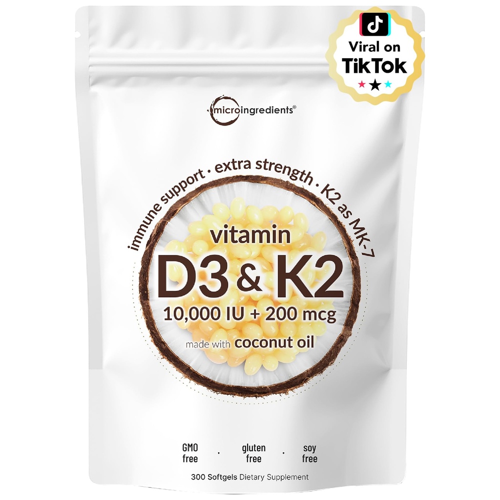Micro Ingredientes Vitamina D3 10,000 UI + K2 MK-7 200 mcg, 300 Softgels con aceite de coco virgen TENIDO 2-en-1 Vitaminas D & K Complejo ANTE Extra Strength, Easy to Swallow, Non-GMO, Gluten Free