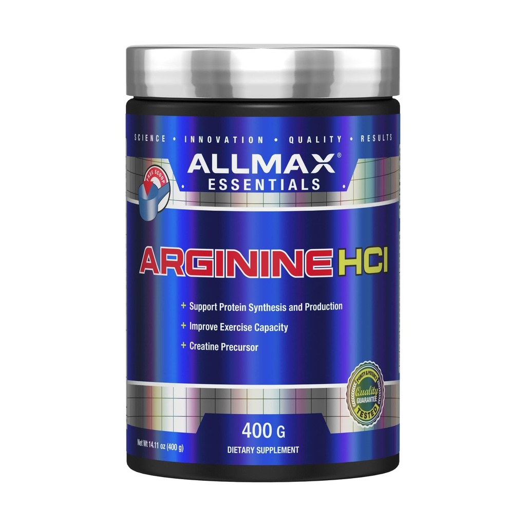 ALLMAX Essentials ARGININE HCL - 400 g - Precursor para síntesis de óxido nítrico - Vegan &amp; Gluten Gratis - 200 Servings