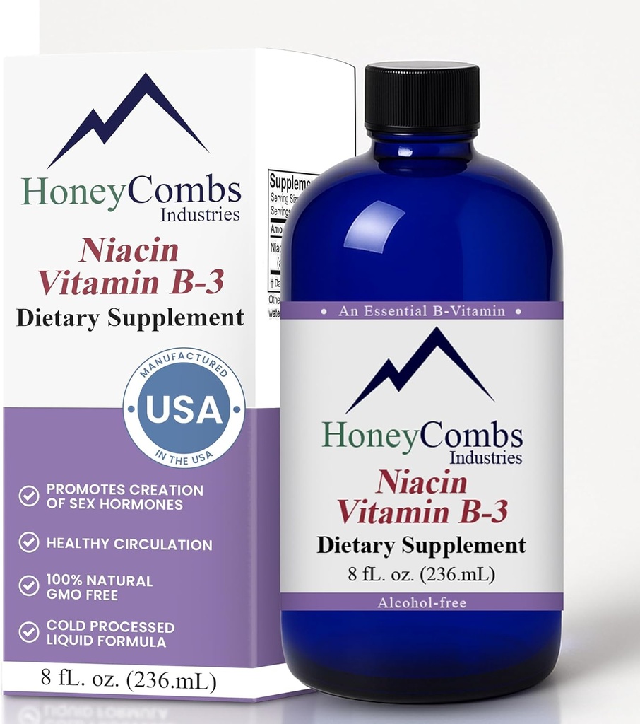 HoneyCombs Vitamina B3 Niacin Suplemento Liquid Drops - High Potency Vitamin B3 Liquid Drops for Men &amp; Women - Maintain Digestive System, Skin, Tongue, Energy and More - Vegan Niacin Drop (8 Fl oz)