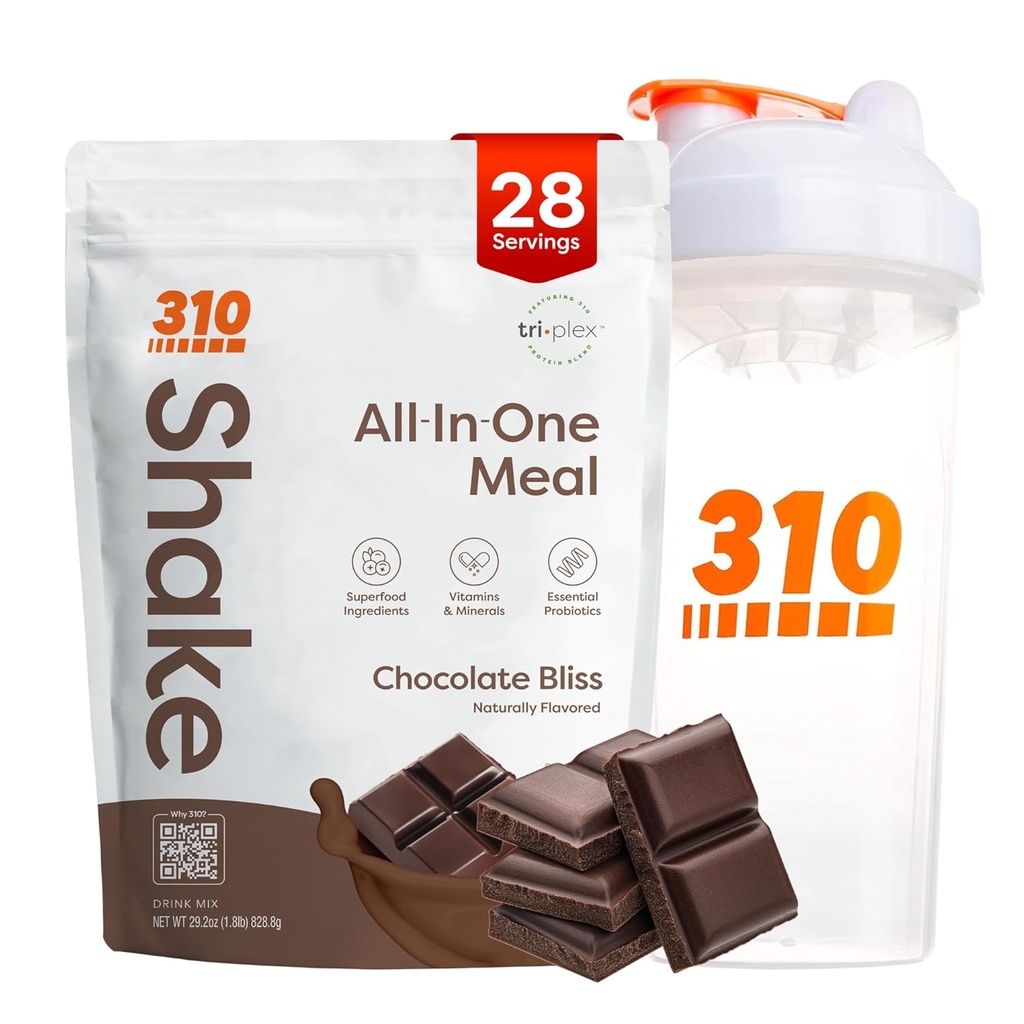 310 Nutrición All-in-One Meal Replacement Shake Powder w / Shaker Cup Starter Kit - High Protein Fiber Rich Vegan Superfood Blend - Sugar-Free, Keto & Paleo Friendly, Low Carb - Chocolate Bliss 28 srv