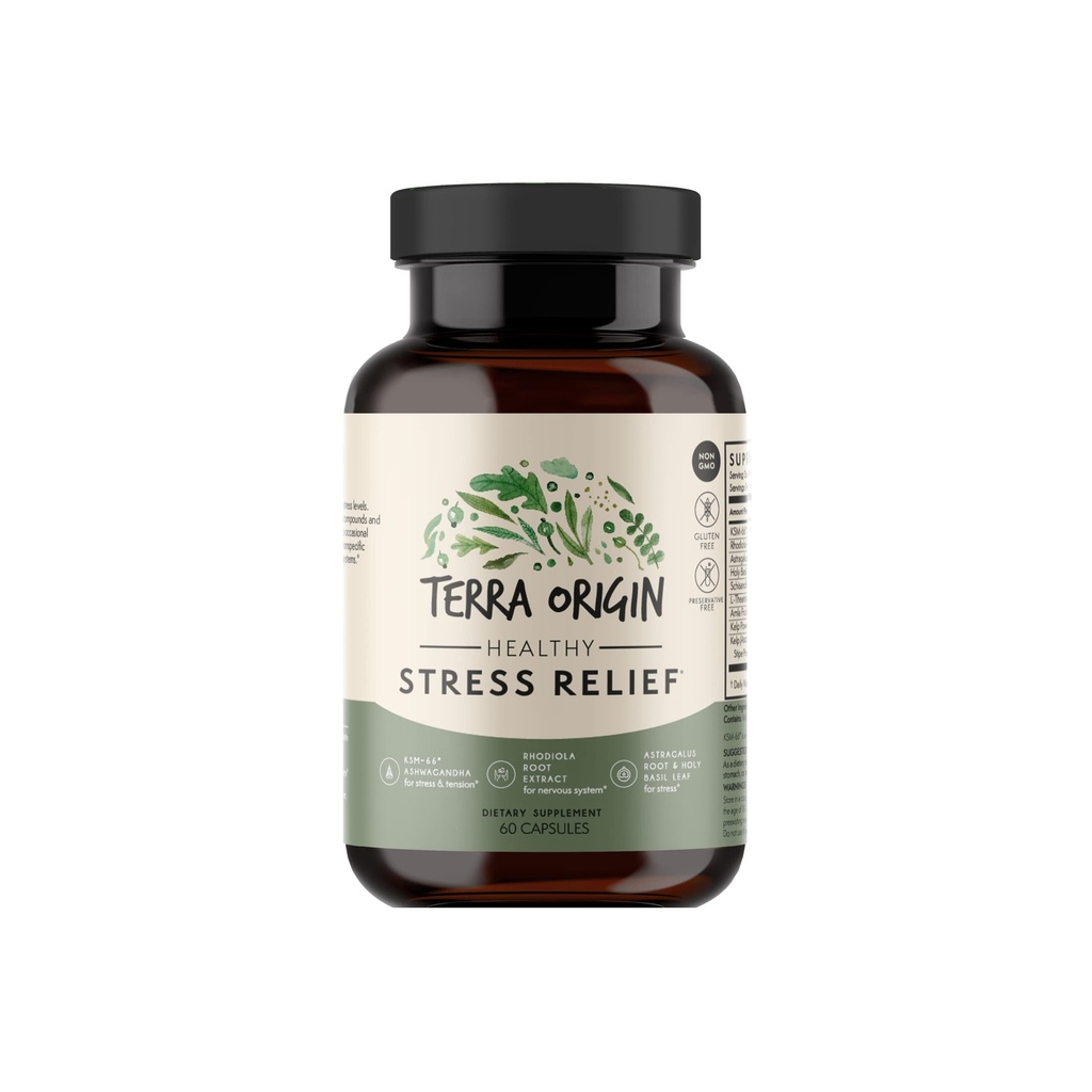 TERRA ORIGIN Healthy Stress Supplement | 60 Capsules | KSM-66 Organic Ashwagandha, L-Theanine, Rhodiola Extract, Astragalus Root and Holy Basil | Stress and Mood Support