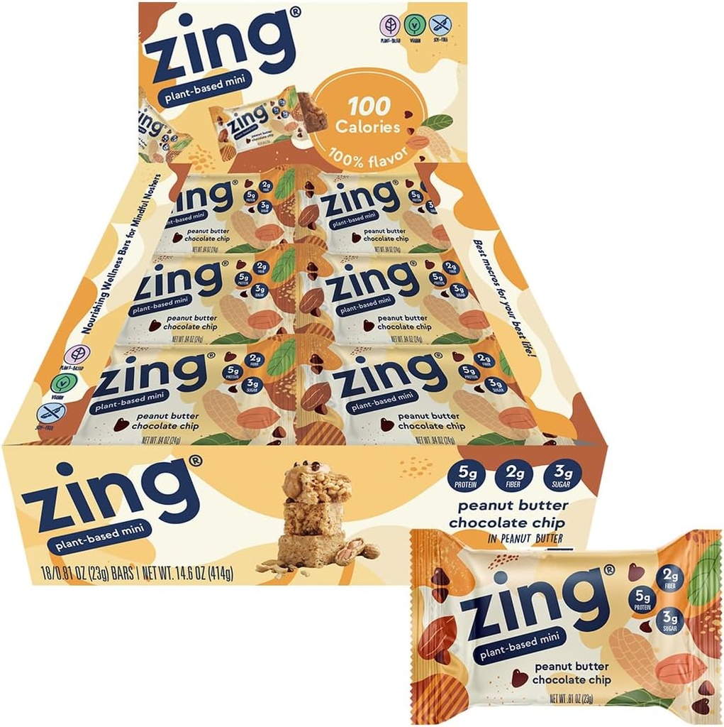 Zing Peanut Butter Chocolate Chip Kids Vegan Protein Bares, Gluten Gratis 100 Calorie Mini Bares, Dairy Free Nutrition Bars with Plant Based Protein, Kosher, No Soy, No Sugar Alcohols - 18 cuentan