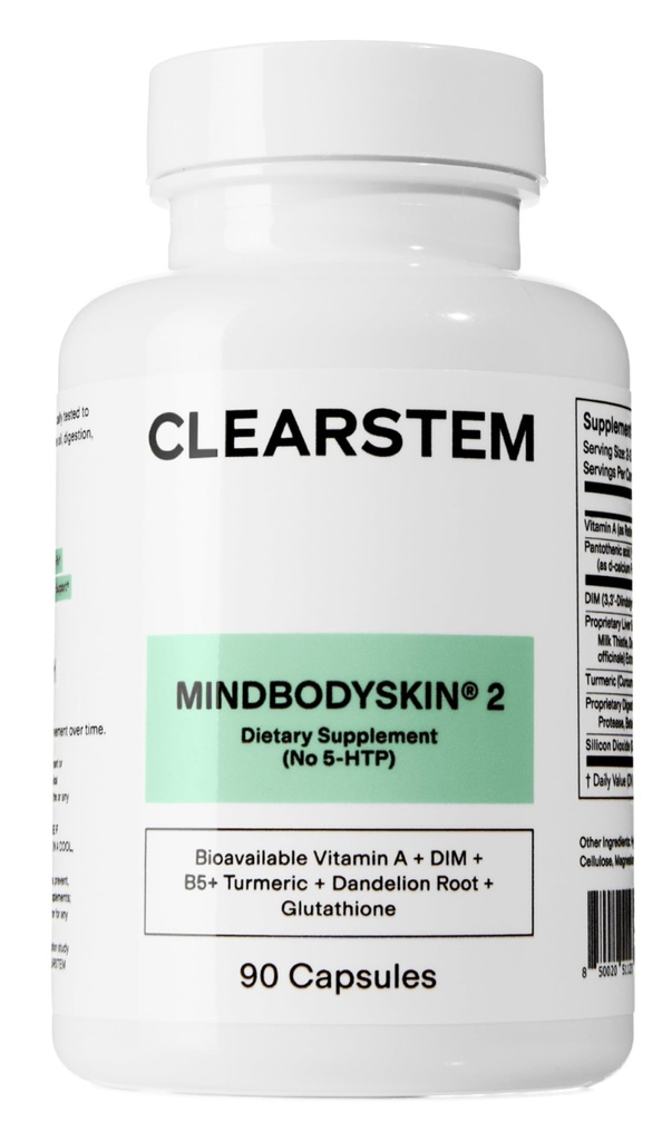 CLEARSTEM - MINDBODYSKIN Hormonal Acne Supplement (No 5-HTP) - Natural DIM Supplement - Skin Care Vitamins - Hormone Balance, Antioxidantes - Gluten Free, Cruelty Free - 30 Servings, 90 cápsulas