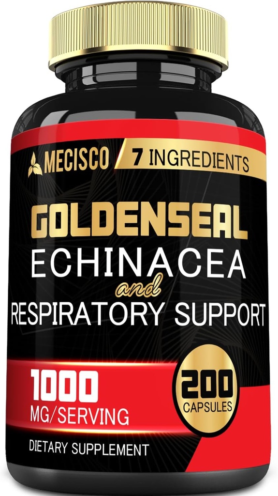 Cápsula de raíz de Goldenseal Orgánica con Echinacea, hoja de Mullein, Plantain &amp; Más - 7 Soportes herbarios Premium Sistema inmunitario, Salud Digestiva, Respiración de Smooth y Manejo del Cuerpo - 200 Cápsulas
