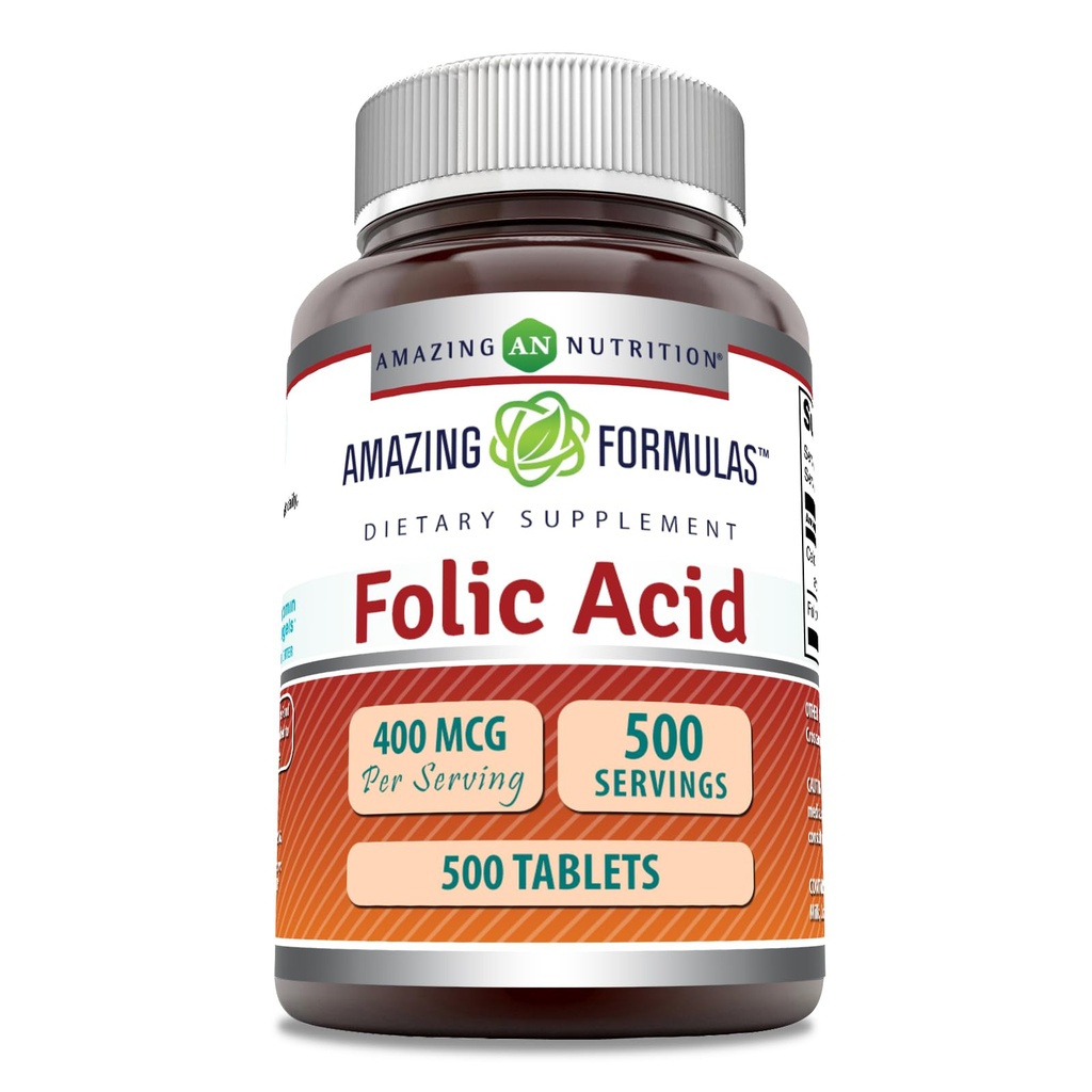 Amazing Formulas Folic Acid (Vitamin B9) 400 mcg tención Tablets Suplemento ← No-GMO TENIDO Gluten Free TEN Made in USA (1 Pack TEN 500 Count)
