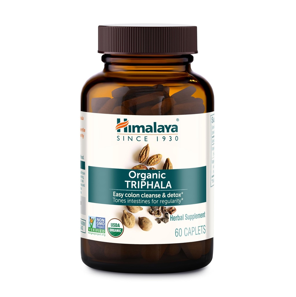 Himalaya Organic Triphala, 2 Month Supply, for Colon Cleanse, Detox " Occasional Constipation, USDA Certified Organic, Non-GMO, Gluten-Free, Extract " Powder Herbal Supplement, 688 mg, 60 cápsulas