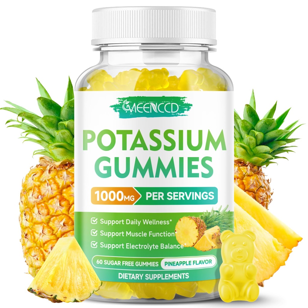 Potasio Citrate Gummies 1000mg, suplemento de potasio de alta potencia Gummies para adultos Mujeres &amp; Hombres, Apoyo Leg Cramps &amp; Muscle Health, Sugar-Free, Pineapple Flavor, 60 Condes