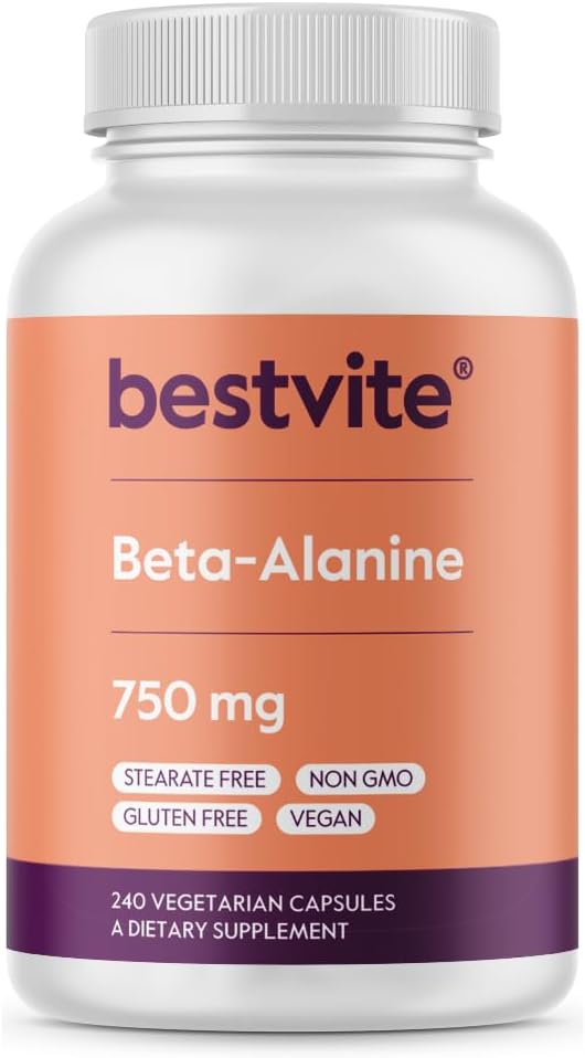 BESTVITE Beta Alanine 750mg (240 cápsulas vegetarianas) - No Stearates - Vegan - No GMO - Gluten Gratis