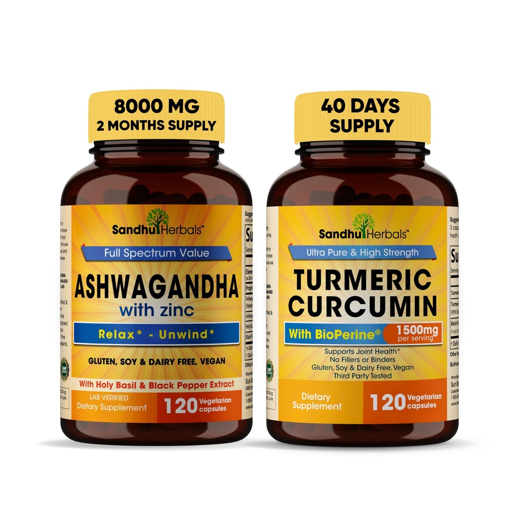 Sandhu Herbals Organic 4in1 Ashwagandha w/Zinc " Organic Turmeric Curcumin w/Bioperine Black Pepper Extract vidas apoya el sistema inmunitario involuntario