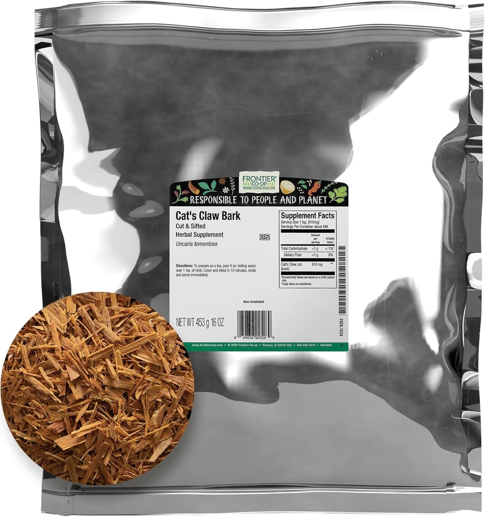 Barco de garra de Coop Frontier, bolsa de 1lb Bulk, Corte y Sifted - 100% Puro &amp; Natural Cat Claw Herb, Ideal para comas, Tinturas y usos herbales, Kosher