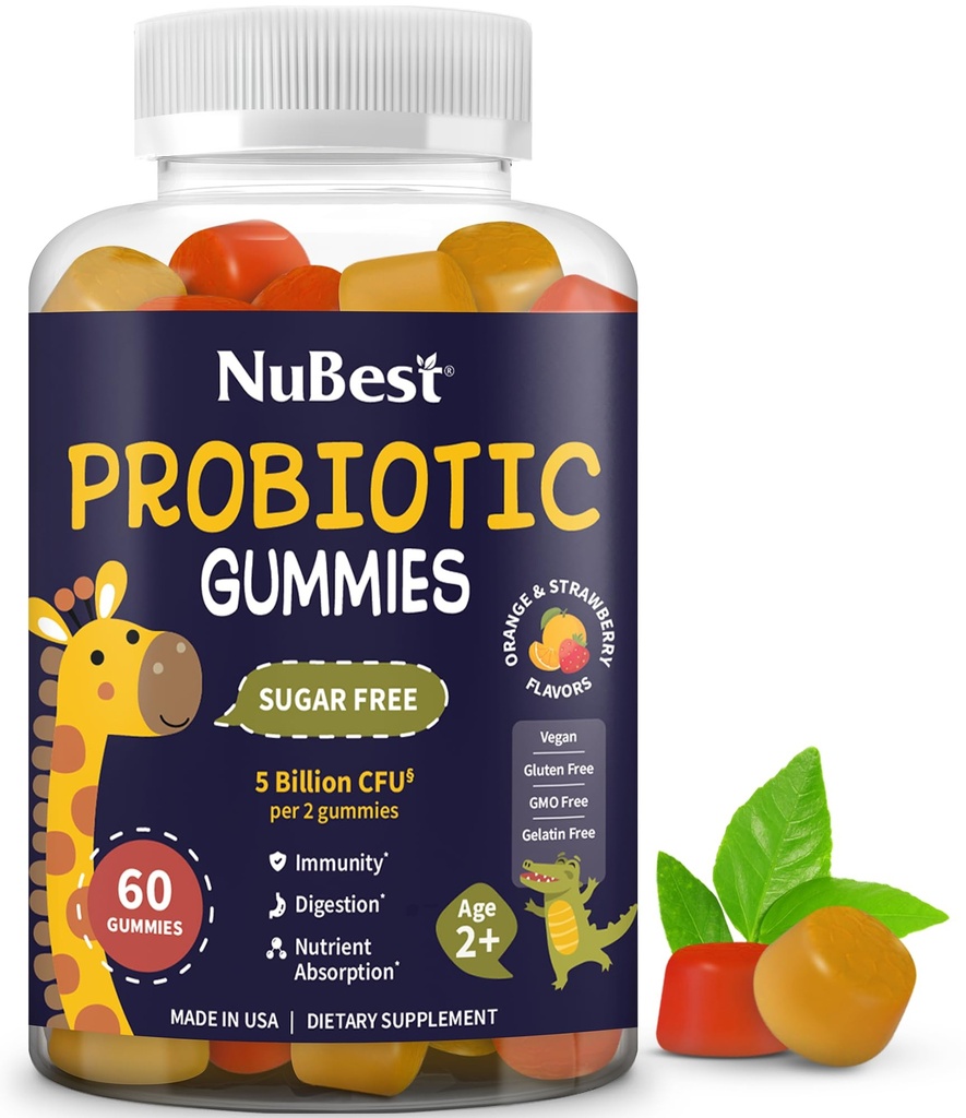 NuBest Daily Probiotic Gummies for Kids &amp; Teens with 5 Billion CFUs ¦ Apoya Immune, Gut y Digestive Health TEN No Añadido Sugar ← Yummy Strawberry & Orange Flavors TEN 60 Premium Vegan Gummies