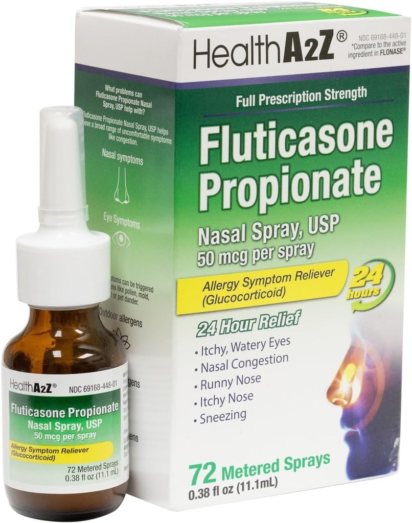 HealthA2Z® Fluticasone Propionate Nasal Spray Ø 50 mcg per Spray Silencio 24 horas Alivio de la Alergia TEN 72 Sprays ANTE 0.38 fl oz. (11.1mL) ANTE Nasal Decongestant ← Non-Drowsy ANTE Allergy Relief Spray
