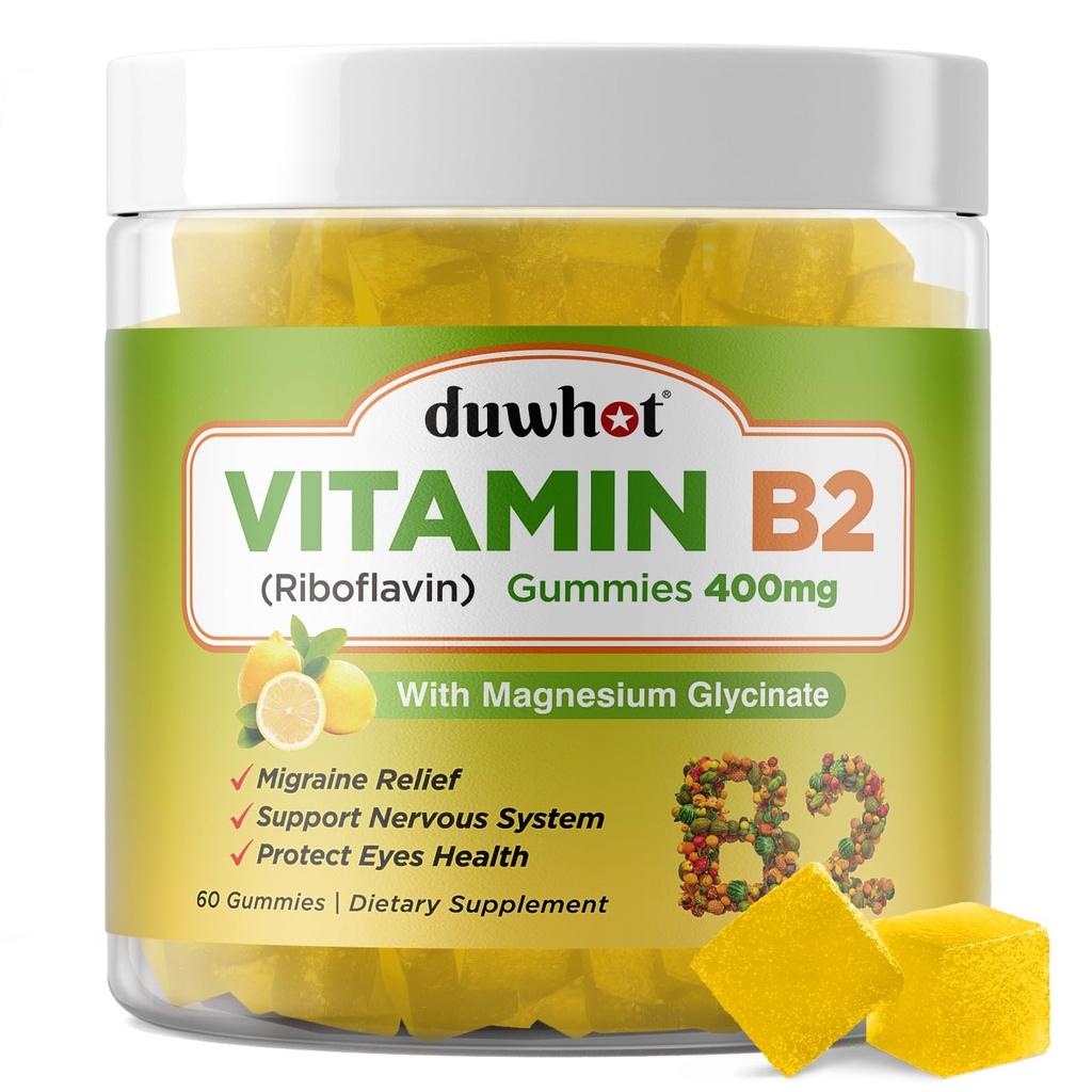 Vitamina B2 Gummies con Magnesio- Riboflavin 400mg para el alivio de dolor de cabeza de migraña, B2 Vitaminas Gummies para adultos &amp; niños, Vegan, 60 Chewable