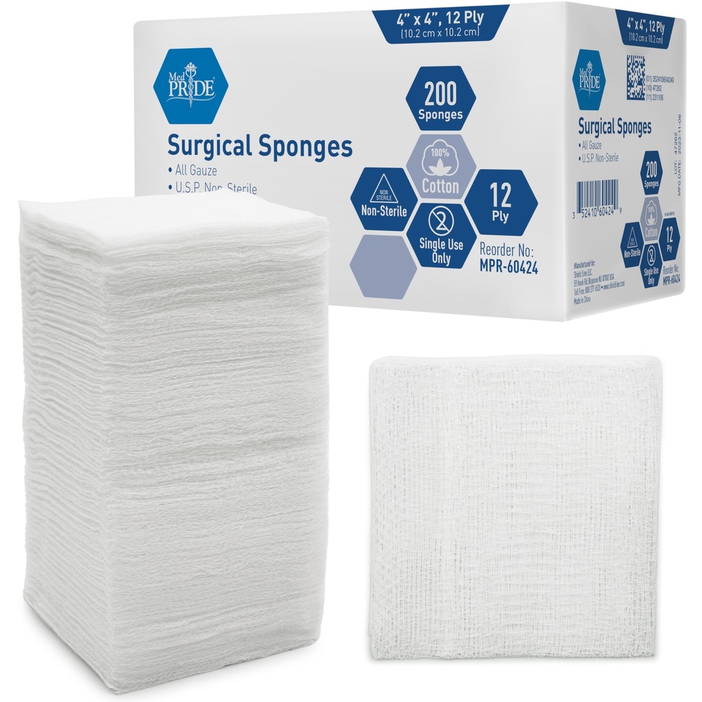 MED PRIDE 4”x 4” Gauze, 200 Esponjas quirúrgicas 12-ply Absorbent  All-Gauze, Non-Sterile WordPress Great for Wound Dressing, Prepping, Scrubbing &amp; Cleaning