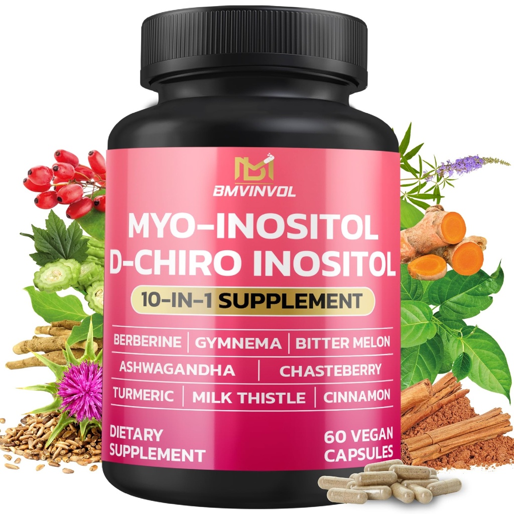 BMVINVOL Inositol Suplemento - Myo-Inositol y D-Chiro Inositol Ideal 40:1 Ratio - Plus Berberine, Cinnamon, Ashwagandha + 5 Más - 60 cápsulas